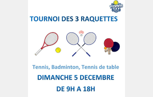 Inscription au Tournoi des 3 raquettes - Dimanche 5 décembre avant le 1er décembre par email à sand.lalenec@free.fr